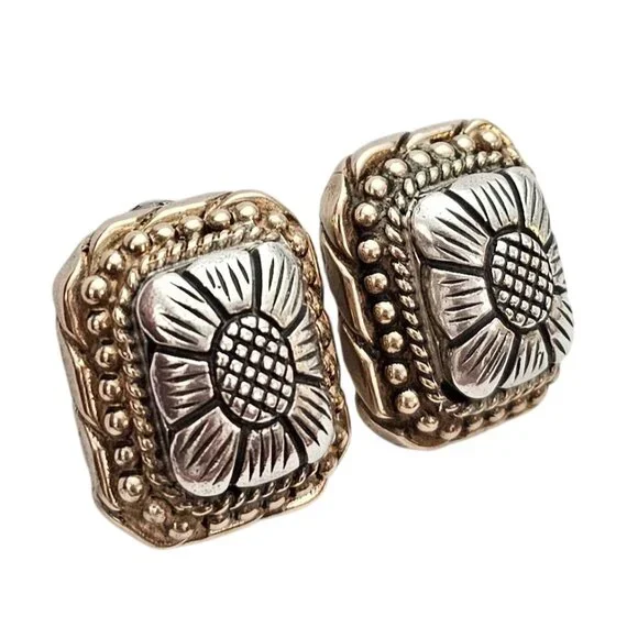 Sterling Silver Stephen Dweck Square Clip On Chunky Braid Flower Earrings C814